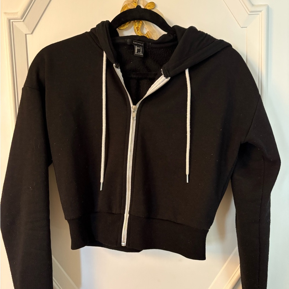 Forever 21 Black Cropped Zip Hoodie with White Drawstrings